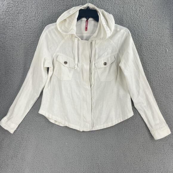 Unionbay Hooded Jacket Womens Medium cream Linen Blend Shacket Button Pockets - Picture 1 of 11